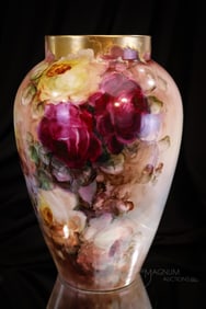 Huge D & Co. France Limoges Hand Painted Porcelain Roses Double Sided Portrait 13 1/2" Vase