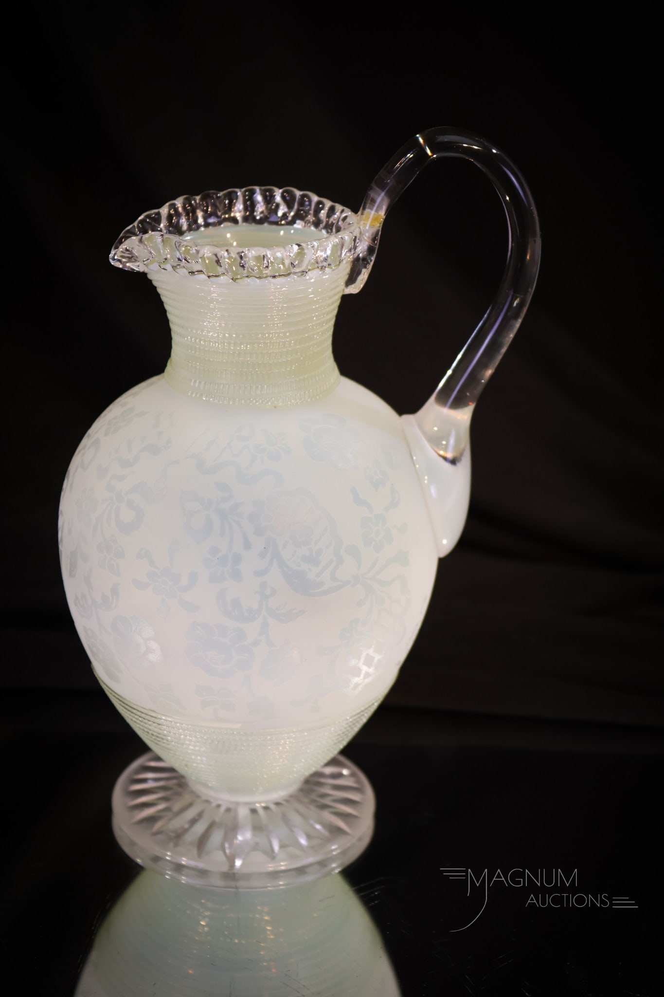 Victorian Stevens & Williams Acid Cut Cameo Glass Opalescent Pitcher: This piece is extraordinary considering the work that went into making it. This diminutive size pitcher measures 7" tall. It is acid-cutback cameo with flowers over the body. It has the addition of th