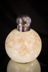 Signed Webb English Ivory Uranium Cameo Victorian Glass 5" Perfume Bottle w/ Sterling Silver