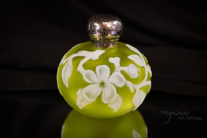 Webb Stevens & Williams Citron Victorian Cameo Glass 2 1/4" Tiny Perfume Bottle w/ Sterling