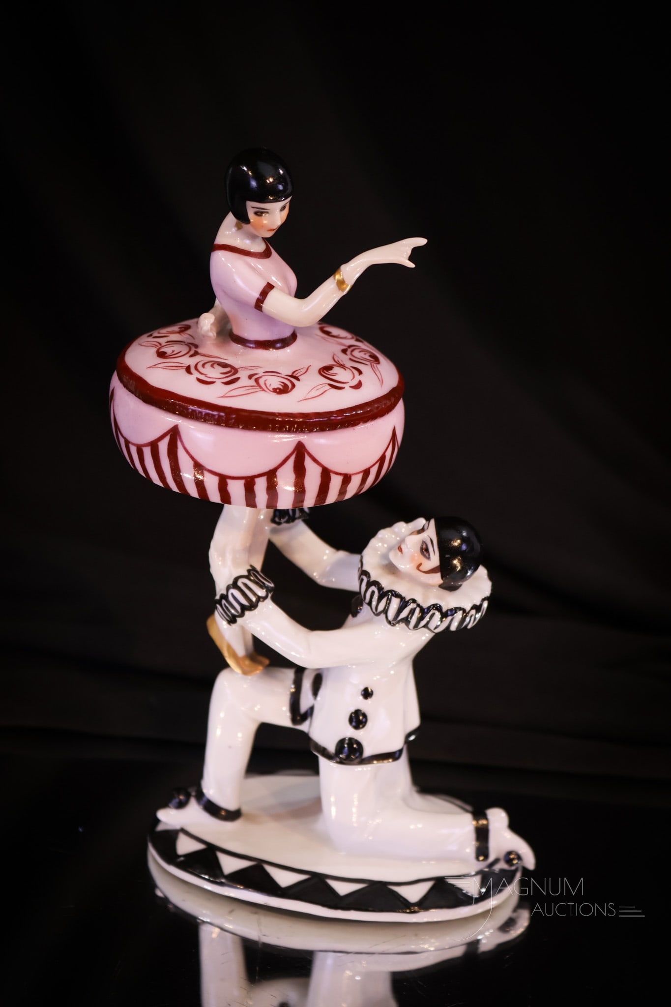 German ca 1915 7" Porcelain Art Deco Pierrot & Pierrette Powder Dresser Box (1 of 8)