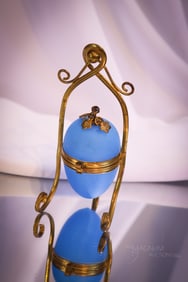 Victorian Blue Satin Opaline Glass Egg Trinket Box
