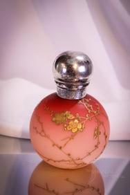 Webb Peachblow Victorian Gilt Glass 5" Perfume Bottle w/ Sterling Silver