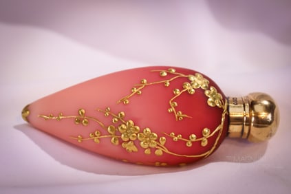 Webb Peachblow Victorina Glass Teardrop Gilt 4" Perfume Bottle