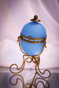 Blue Opaline Victorian Satin Glass Egg Trinket Dresser Box
