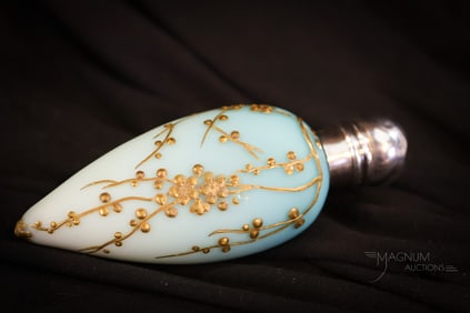 Webb Aqua Uranium Gilt Prunus Victorian Glass 4" Laydown Perfume