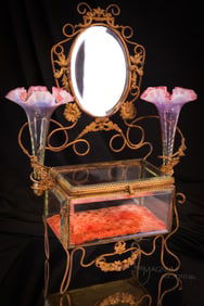 Amazing Victorian Beveled Glass & Mirror Cranberry Opalescent Vaseline Dresser Jewelry Casket