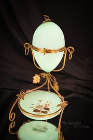 Victorian Green Satin Opaline Uranium Egg Trinket Box Vanity Set