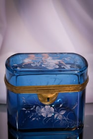 Victorian Mary Gregory Blue Glass Enameled Children Jewelry Casket