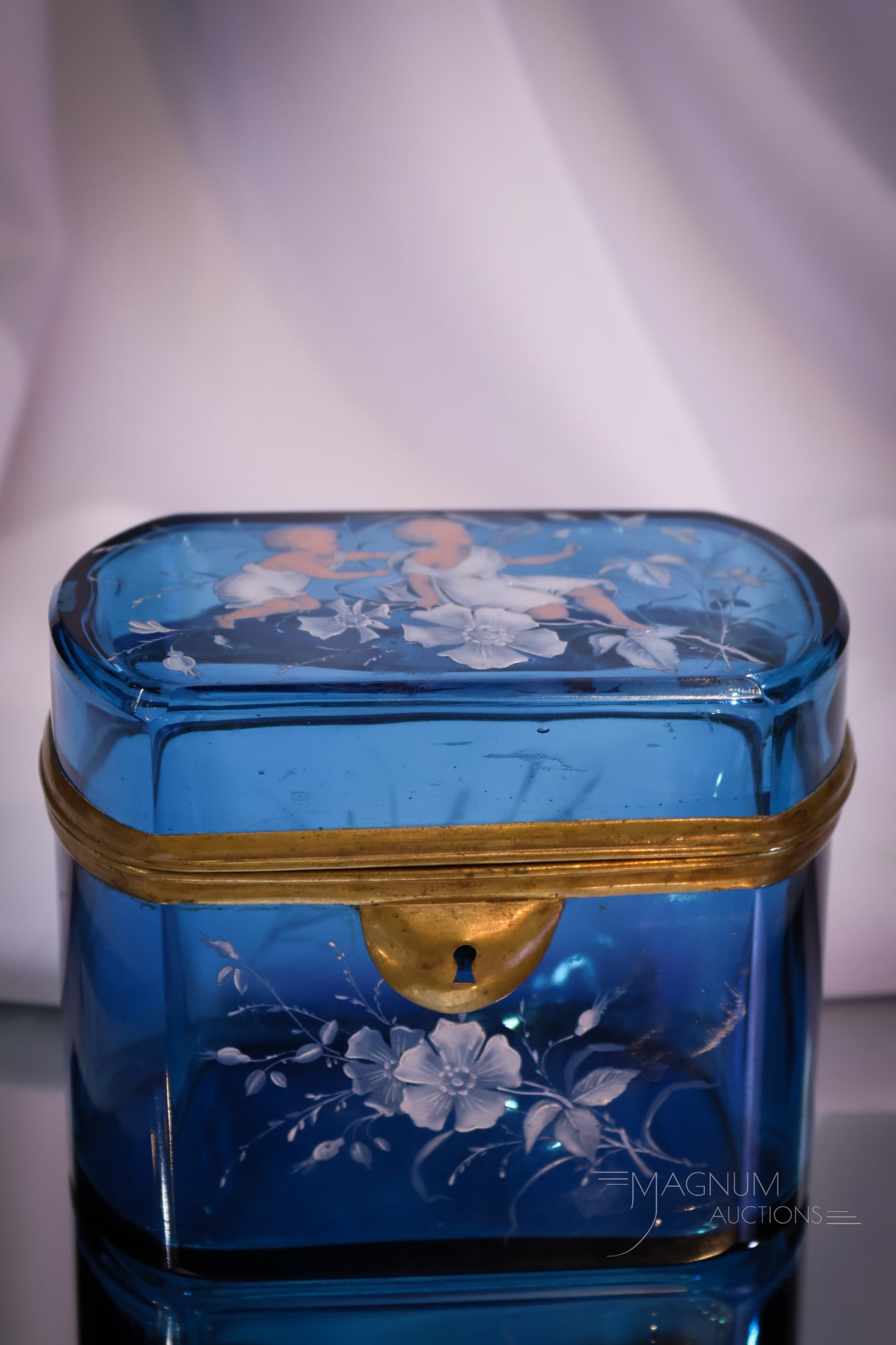 Victorian Mary Gregory Blue Glass Enameled Children Jewelry Casket (1 of 7)
