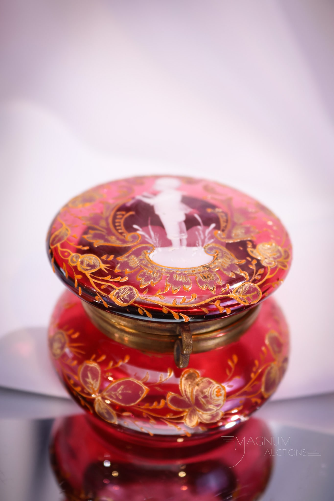 Cranberry 2 1/4" Victorian Enameled Glass Ring Box with Boy Playing Flute (1 of 9)