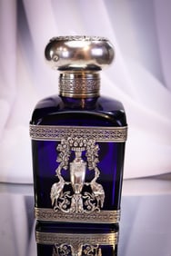 Cobalt Antique Glass Cologne Bottle w/ 800 Silver Overlay Fittings