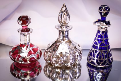 3 pc Lot Sterling Silver Overlay Victorian Glass Perfume Bottles Steuben & More