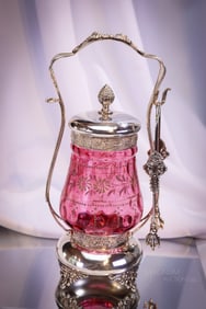 Meriden Cranberry Enameled Victorian Silverplate Pickle Castor