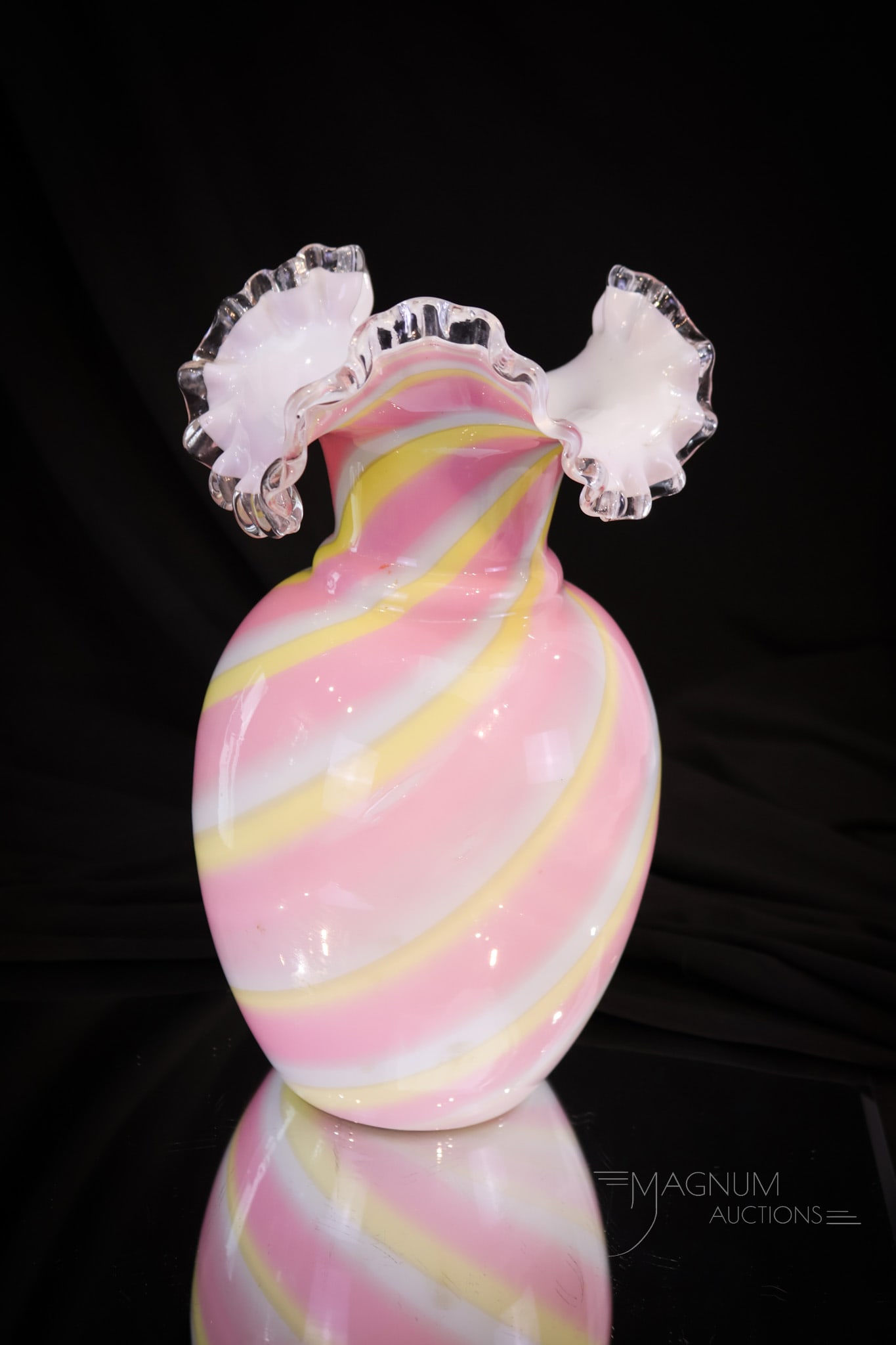 10" Rainbow Swirled Victorian Glass Vase: Beautiful rainbow colors swirl around this large 10" tall Victorian glass vase. Imagine what it took to make this fine piece of glass and to keep the colors controlled. Amazing!