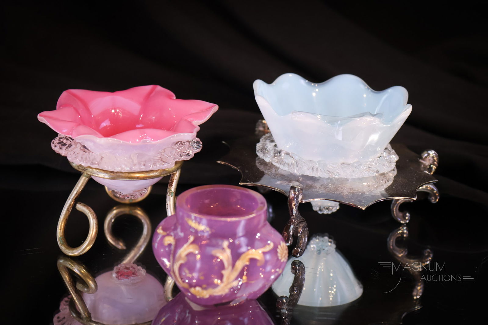 3 pc Lot Victorian Cased Glass & More Open Salts in Silverplate (1 of 11)