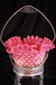 Victorian Rockford Silverplate Pink Opalescent Hobnail Glass Bride's Basket Bowl Centerpiece