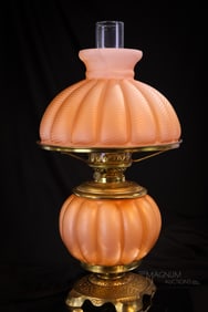 Very Rare Melon Rib Victorian Mother of Pearl Satin Glass Table Lamp