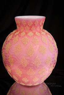 Rare Coral Victorian Mother of Pearl Satin Coralene Glass Huge 9 1/2" Vase: A wonderful find in Victorian mother-of-pearl satin glass. This piece is huge measuring 9 1/2" tall and about 7 1/2" wide at the waist. It is in a very rare random pattern we have not ever seen before