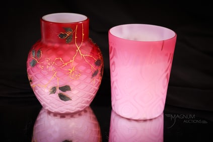 2 pc Lot Victorian Mother of Pearl Satin Glass