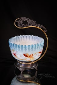 Derby Silverplate Victorian Blue Mother of Pearl Satin Glass Miniature Brides Bowl
