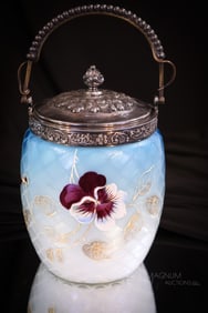 Victorian Enameled Pansy Mother of Pearl Satin Glass Biscuit Jar