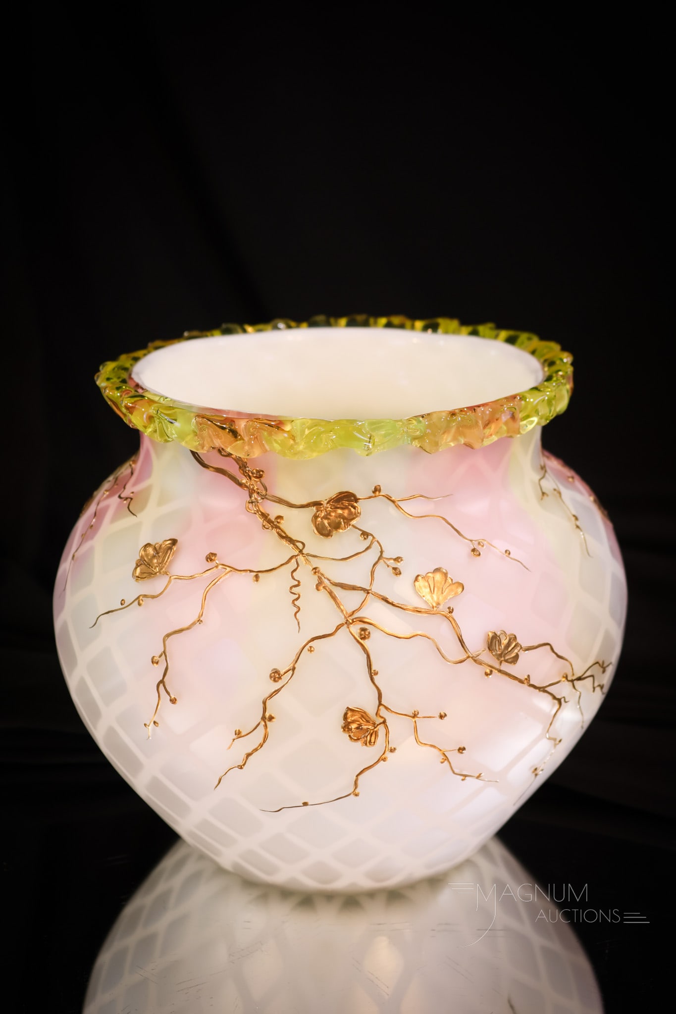 Huge Webb Signed Patent Vaseline Uranium Rainbow Gilt Mother of Pearl Victorian Glass Vase (1 of 7)