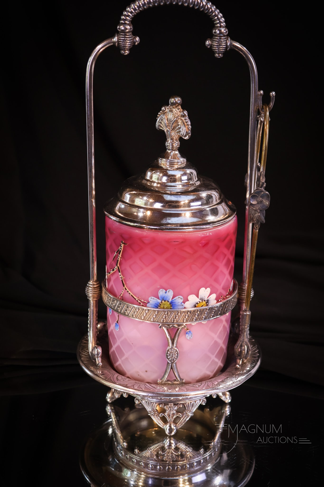 Tufts Silverplate Victorian Mother of Pearl Satin Enameled Pickle Castor: Take a look at this fine signed Tufts silverplate Victorian pickle castor. This lovely is very ornate and complete with a pink mother-of-pearl enameled glass jar. The jar is covered with flowers and f