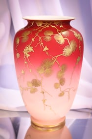 Webb Peachblow Uranium Glass Victorian 10 1/2" Gilt Decorated Vase