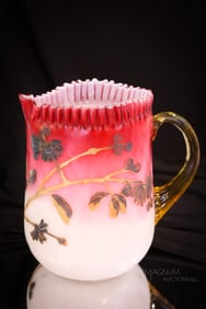 Rare Harrach Victorian Glass Mother of Pearl Satin Glass Water Pitcher