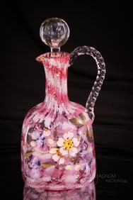 Very Rare Victorian Phoenix Glass Cranberry Vasa Murrhina Enameled Glass Cruet