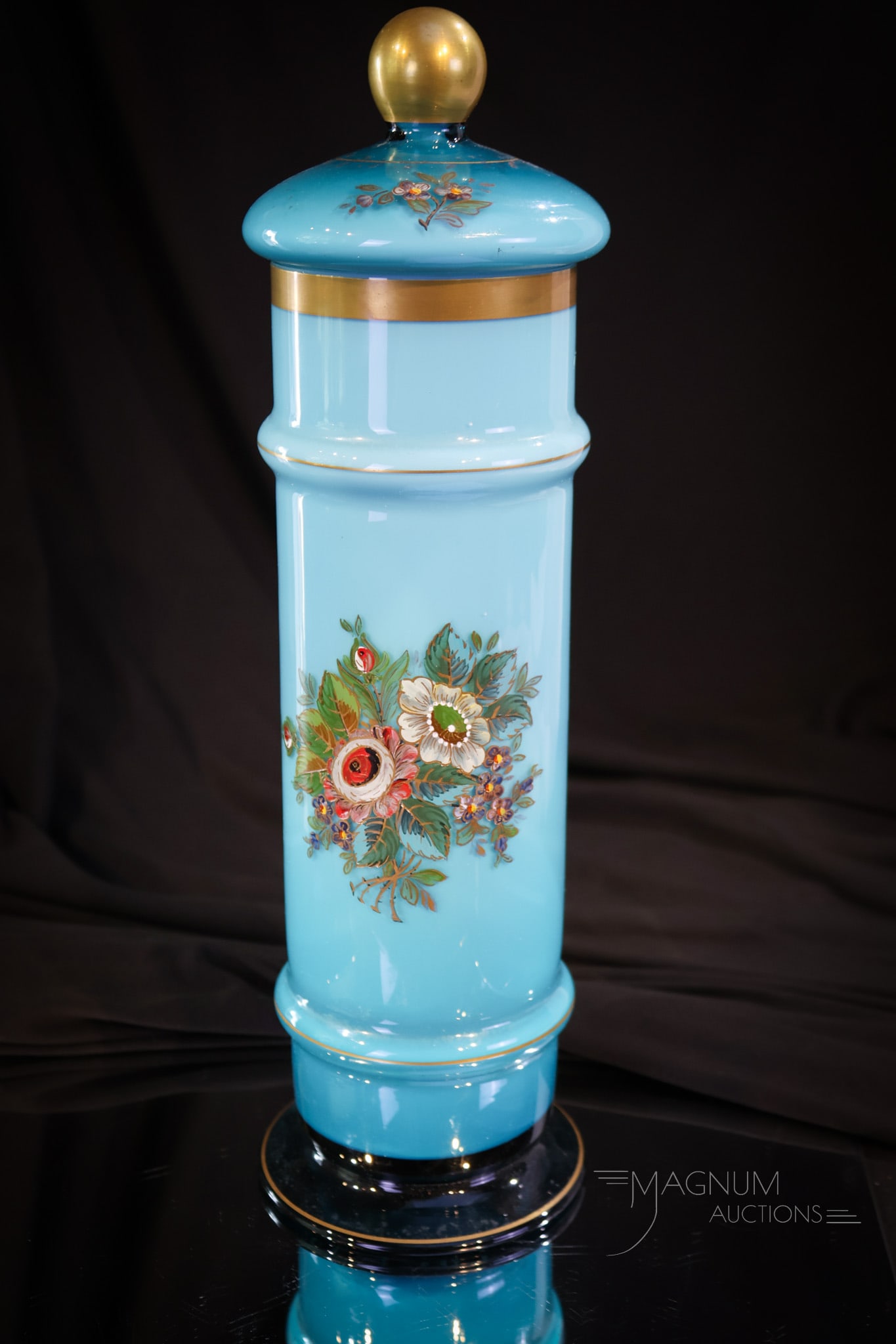 Cased Art Glass Antique Enameled Gilt Straw Jar: A great find in straw jars. This super example is complete with the lid. It measures 15" tall and is in blue-cased enameled and gilt glass. A super piece for any collection.