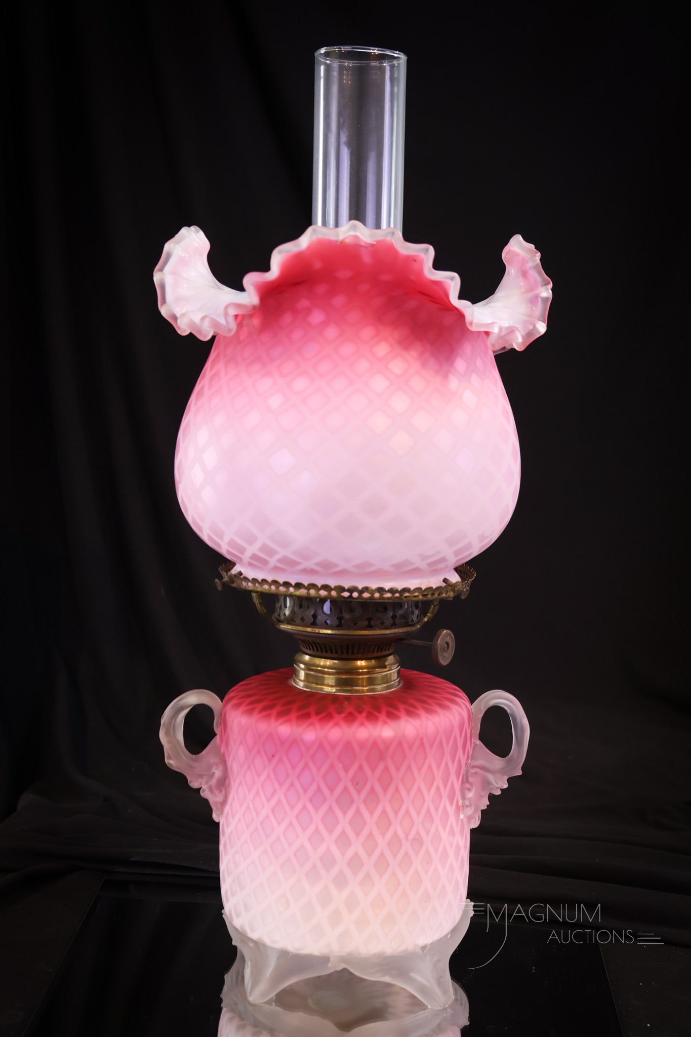 Victorian Pink Satin Mother of Pearl Satin Glass Parlor Oil Lamp (1 of 15)