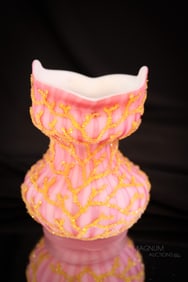Victorian Coralene Glass Satin Mother of Pearl 3 1/2" Cabinet Vase