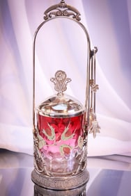 Tufts Victorian Silverplate Rubina Cranberry Coralene 12 1/2" Pickle Castor