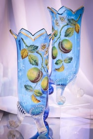A Museum Pair of Victorian Coralene Opposing Cornucopia 11" Vases