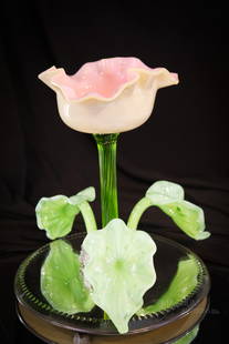 Rare Floriform Victorian Art Glass Epergne Sociable Centerpiece: How rare this fine example is. This is a floriform Victorian sociable centerpiece epergne. This super piece measures 10" tall, 9 1/2" in diameter. It features a flower form in the center of peachblow-