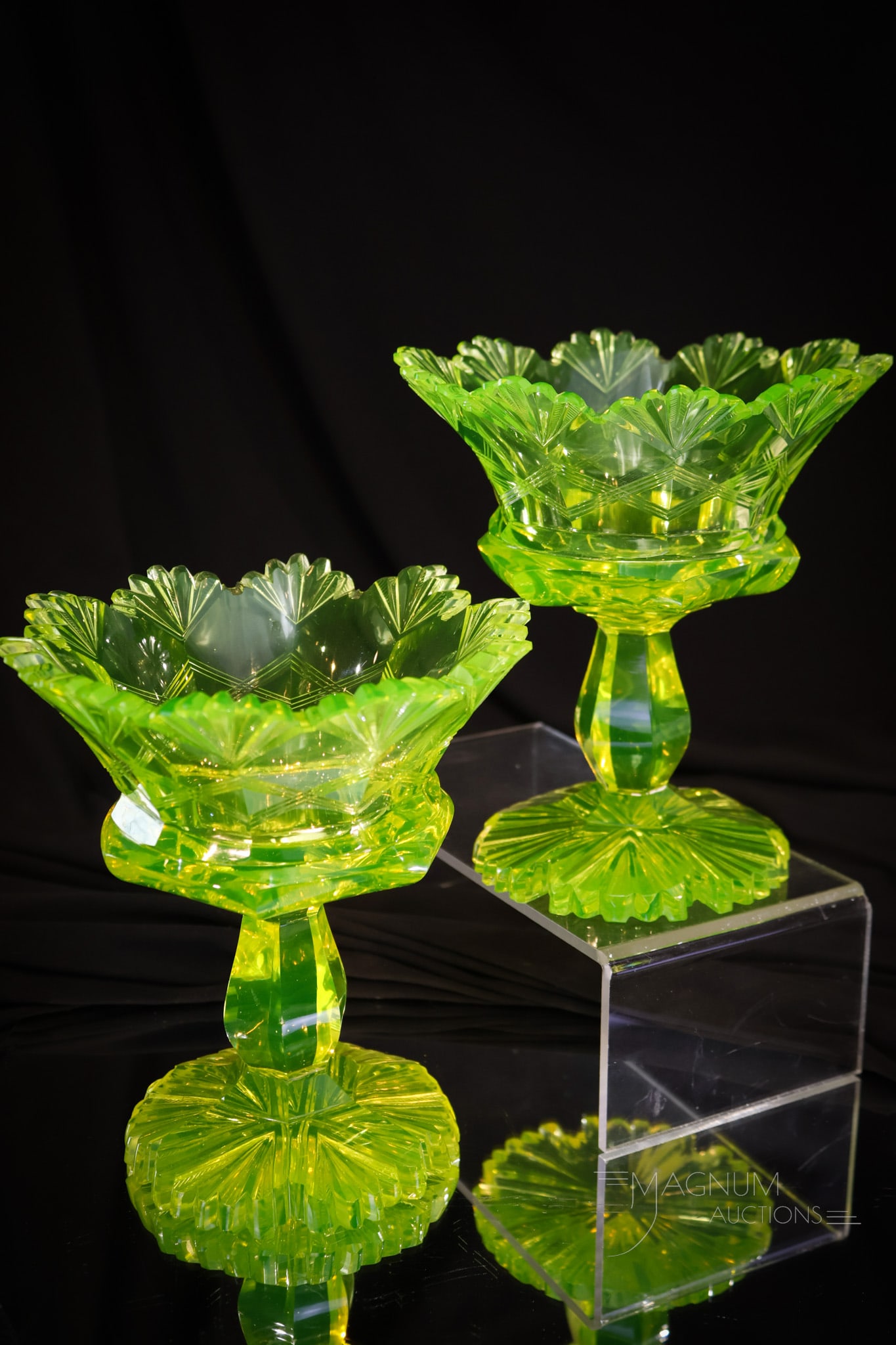 Pair of Vaseline Cut Biedermeier Period Early 1800's 6 1/2" Compotes (1 of 9)