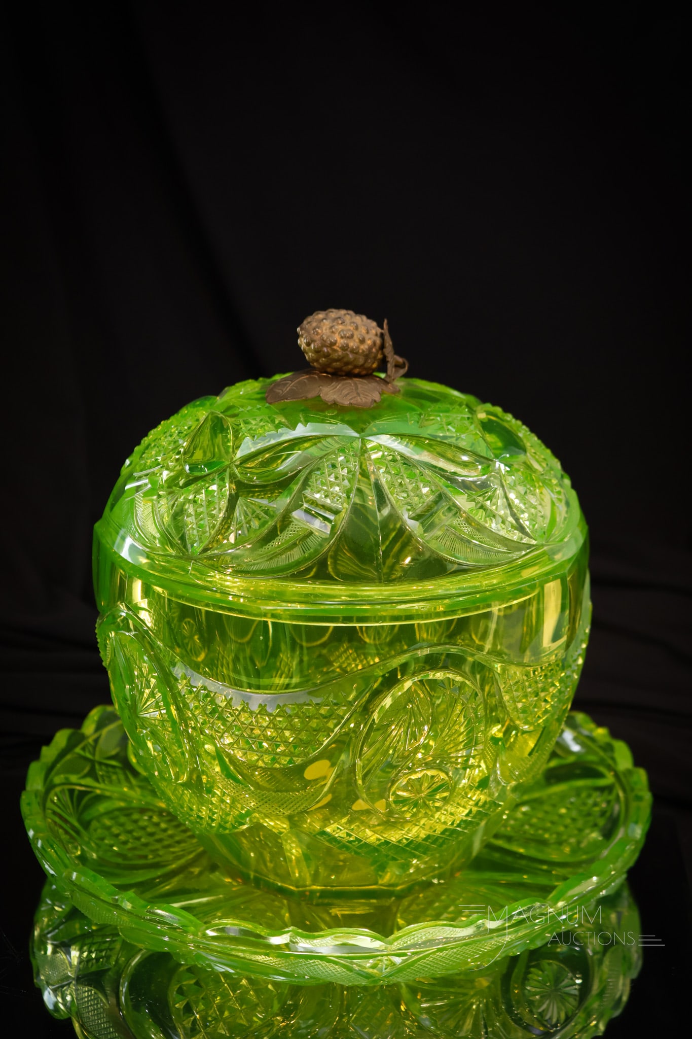 Very Rare Biedermeier Period Early 1800's Vaseline Cut Glass Covered Piece w/ Underplate (1 of 15)