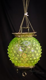 Hobb's Vaseline Hobnail Victorian Uranium Glass Hanging Hall Lamp