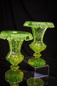 Pair Biedermeier Vaseline Early 1800's 10 1/2 Heavy Cut Glass Mantle Vases