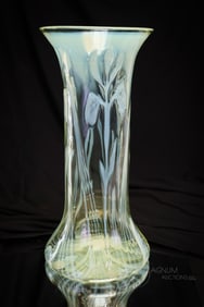 Monumental 13 1/4" Walsh Vaseline Opalescent Victorian Iris Vase