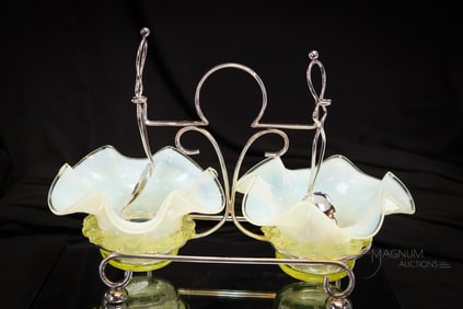 Rare Vaseline Opalescent Victorian Glass Double Sweetmeat