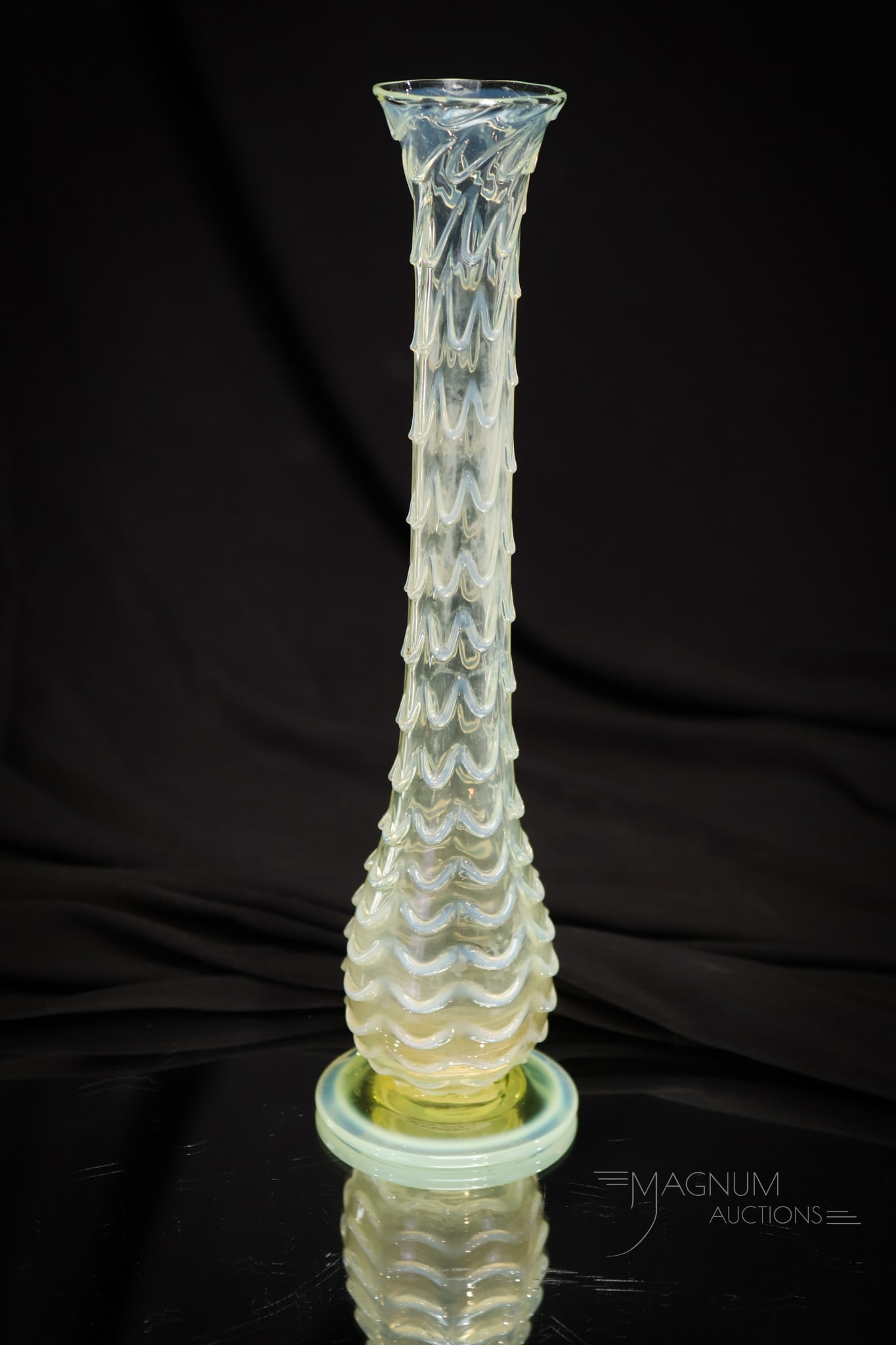 Walsh Victorian Vaseline Opalescent Heavy Drape 10" Bud Vase (1 of 7)