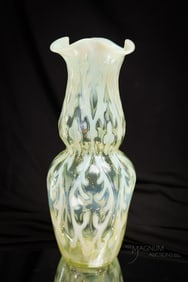 Walsh Vaseline Opalescent 11 1/8" Opaline Brocade Victorian Glass Vase