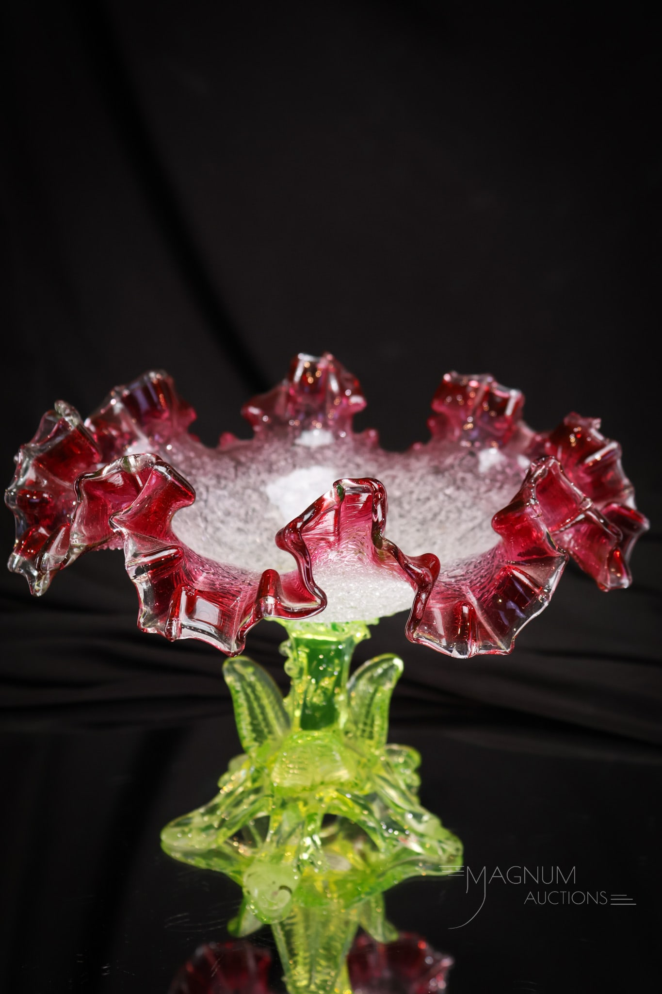 Cranberry Rubina Victorian Vaseline Glass Leaf-Form Compote (1 of 11)