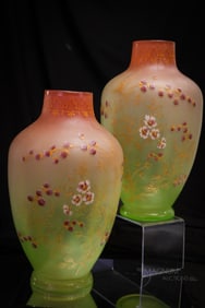 Pair 14" Monumental Victorian Vaseline Opink Opalescent Museum Mantle Vases