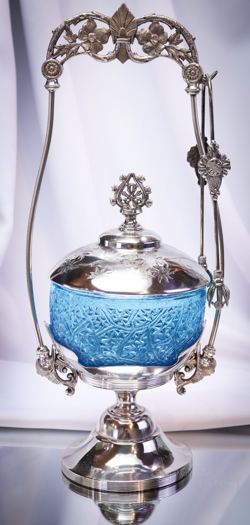 Rockford Silverplate Victorian Blue Tree of Life Glass Pickle Castor: This color of blue is especially pretty, and when combined with Victorian silverplate, well now. This pickle castor is signed Rockford. The castor jar is a blue Tree of Life pattern. Complete, this Vi