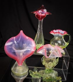 4 pc Lot Love of Victorian Vaseline Cranberry Glass