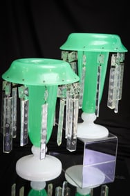Pair Jade Green Opaline Victorian Glass Uranium 10 1/2" Mantle Lusters